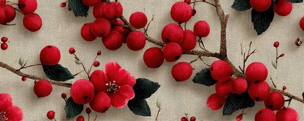 Adorable red berry pattern with clusters and green leaves for festive holiday design