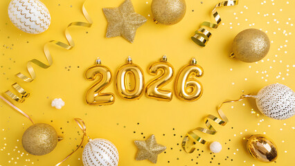 Golden 2026 balloons surrounded by glittering stars and ornaments on a bright yellow festive background