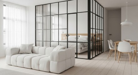 Modern loft apartment with glass-partitioned bedroom and white sofa