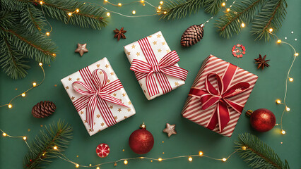 Festive christmas gifts wrapped in red and white stripes adorned with ribbons and ornaments on a green background