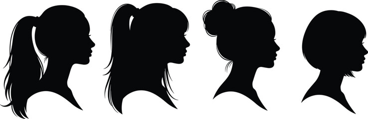 Female hairstyle silhouettes, ponytail, bun, bob, straight hair, side profile, fashion reference, hair design, black illustration, flat vector