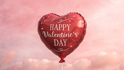 A single shiny red heart shaped balloon with happy valentine s day written on it floats against a soft pink sky with clouds