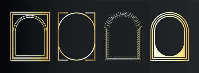 Luxury thin gold frame set in art deco, Islamic style. Premium geometric golden arch on black background. Elegant linear borders for vip, greeting card, wedding invitation. Isolated vector illustratio