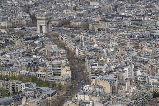 City view from the top of the Eiffel Tower towards the Arc de Triomphe, Paris, France