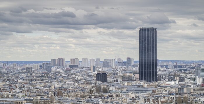 View from the height of the Eiffel Tower to the Montparnasse Tower, Paris, France