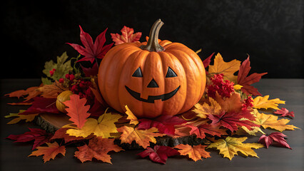 A cheerful carved halloween pumpkin sits proudly amidst a vibrant cascade of autumn leaves on a dark wooden surface