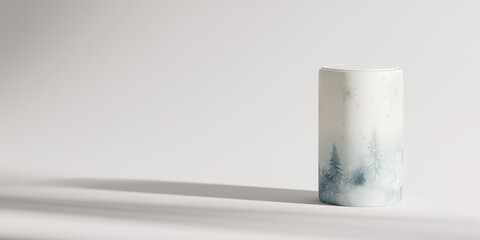minimalist white vase featuring intricate blue and white patterns, soft gray background, gentle lighting creating depth,