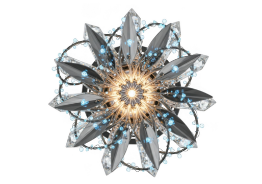 Luxurious crystal flower chandelier with blue lights isolated on transparent background for interior design and decor