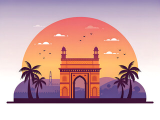 Gateway of India in sunset palette, flat vector