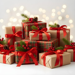Christmas and New Year gifts in red tones on a soft background.