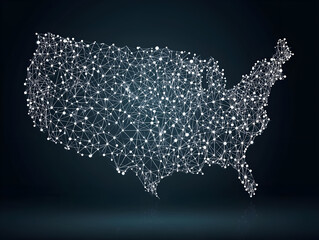 Obraz premium A digital representation of the United States with interconnected nodes illustrating data networks and technology.
