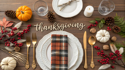 Elegant thanksgiving table setting with autumnal decor and festive napkin for a warm family gathering