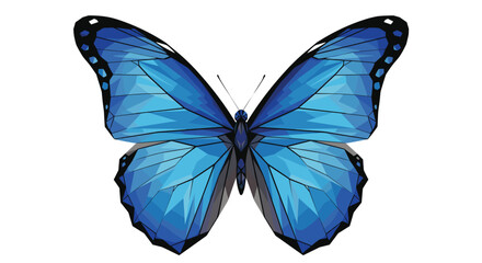 Vibrant blue butterfly illustrated in a modern low-poly geometric style, with detailed wing patterns standing out against a simple white background.