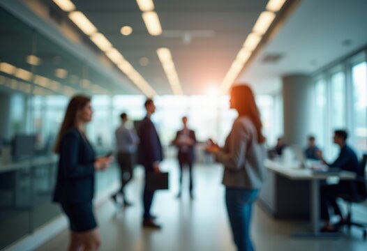 Business professionals engaged in conversation in a modern office environment, with blurred figures and bright sunlight creating a dynamic and collaborative atmosphere