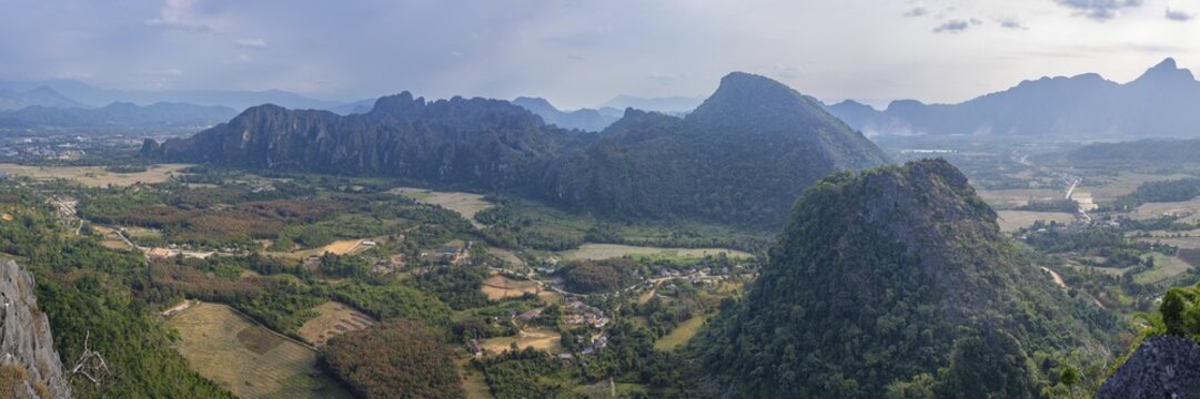 Panorama of Vang Vieng and the Kart landscape from Pha Ngern View Point, Vientiane Province, Laos