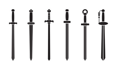 Set of  Black Sword Silhouettes Vector Icons Collection