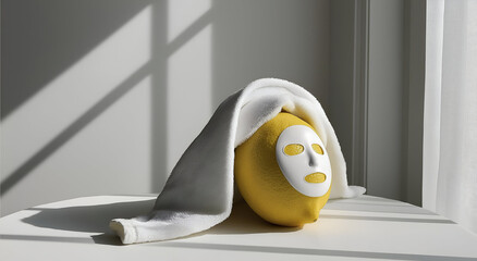 A creative lemon with a facial mask and towel, representing self-care. This unique image highlights relaxation and wellness.