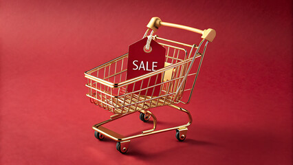 Golden miniature shopping cart displaying a red sale tag against a rich red background symbolizing commerce and discounts