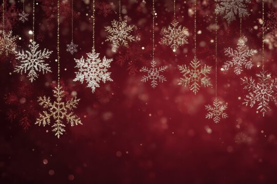 Glittering red background with silver and red snowflakes and warm bokeh lights for holiday marketing