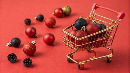 Festive Christmas ornaments overflowing from a miniature golden shopping cart on a vibrant red background