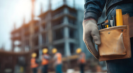 A construction worker stands in front of a building site, tools ready, showcasing the essence of hard work and dedication.