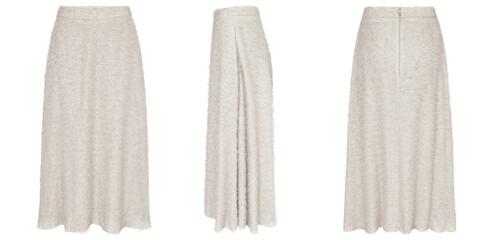 Isolated light beige maxi skirt with textured detail front side and back view