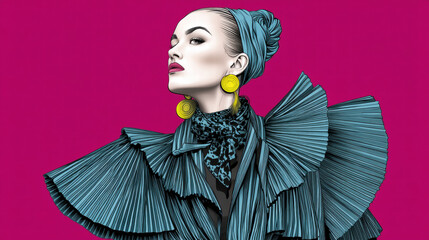 Bold illustration for fashion media woman wearing pleated blue outfit and yellow earrings with confident expression