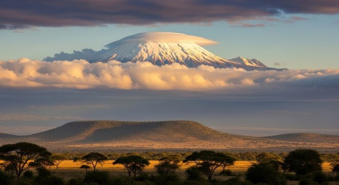 Snow-capped mountain peak bathed in golden sunset light