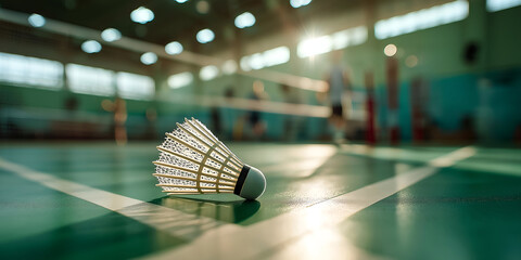 A close-up shot of a shuttlecock resting on a badminton court, capturing a serene moment in a vibrant sports environment.