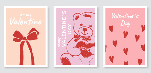 Cute hand-drawn Valentine&rsquo;s Day greeting card set with red bow, teddy bear holding a heart, scattered hearts on pastel pink backgrounds, simple minimal design for romantic holiday. Vector