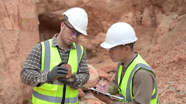 Geologist surveying mine,Explorers collect soil samples to look for minerals, A geologist is a scientist who studies the Earth's physical structure and substances