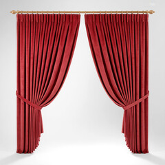 Elegant red velvet theater curtain tied back on rod