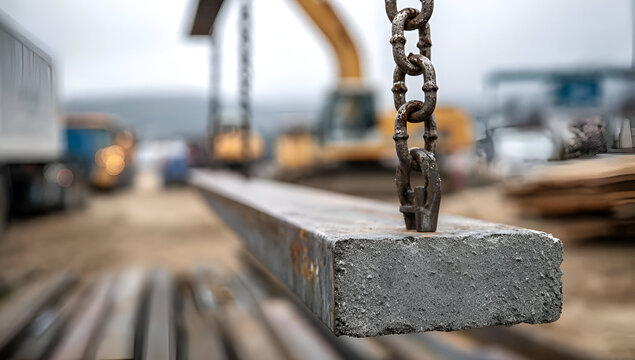 A close-up view of a steel beam suspended by a chain, showcasing the tools of construction and the industrial environment.