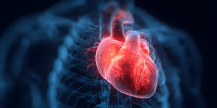 A detailed anatomical illustration of a human heart with glowing elements, showcasing its structure and vitality in stunning clarity.