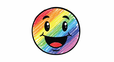 A cute, colorful hand-drawn abstract comic face expressing pure happiness and joy, rendered in a playful crayon style as a flat 2D vector illustration isolated on a clean white background.