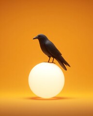 Fototapeta premium Black raven perched on glowing sphere in warm orange minimalist scene