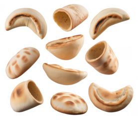 Assortment of baked bread rolls and dough shapes with golden brown crusts isolated on a transparent background