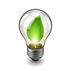 Green energy concept - Light bulb with leaf inside on white background.