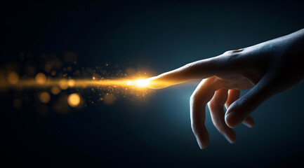 A close-up of a human hand reaching out with a glowing spark, symbolizing connection and innovation in the digital age.