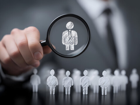 A business professional examines a candidate through a magnifying glass, symbolizing recruitment and talent identification.