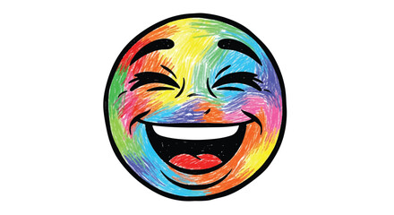 Vibrant round laughing comic face vector illustration, abstract character drawn with playful crayon strokes, isolated as a flat 2D graphic on a clean white background.