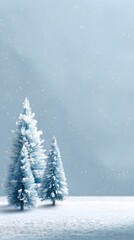 Obraz premium Snow-covered trees stand in a serene winter landscape under a soft snowfall at dusk