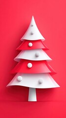 Fototapeta premium Minimal red and white Christmas tree with abstract layered design