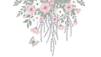 Elegant illustration of delicate pink and white flowers cascading with graceful lavender and a charming butterfly, creating a serene botanical motif perfect for natural design projects