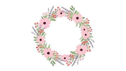 Hand-painted botanical circle frame with delicate pink blossoms and purple lavender, an elegant design element on a white background