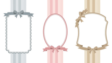 Exquisite vector illustration of three diverse ornamental frames, embellished with graceful bows and ribbons, set against soft pastel striped backdrops for a charming aesthetic