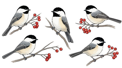 Set of five beautifully illustrated Black-capped Chickadees perched on branches with vibrant red berries