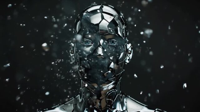 The human body, chrome metal, face slowly breaks small reflective pieces. pieces float different shapes black stays static, futuristic disintegration of identity, 4k High-Quality Animation Video