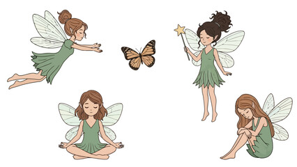 Obraz premium A charming collection of whimsical fairy illustrations in various poses, from flying to meditating, accompanied by a beautiful butterfly