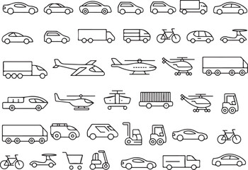 Transportation and Vehicle Icons: Cars, Trucks, Airplanes, and Logistics Line Art Set